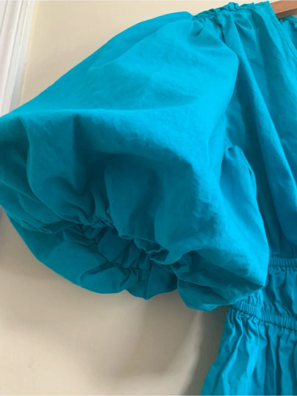 Japna Puff Sleeve V-Neck Tiered Mini Dress Teal Blue Sz M 100% Cotton Cottage